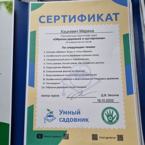 Сертификат «Обрезка деревьев и кустарников»